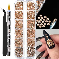 Elegant White Flatback Pearl Beads for Nail Art and Crafting - 12 Grids Assorted Sizes (Champagne set)