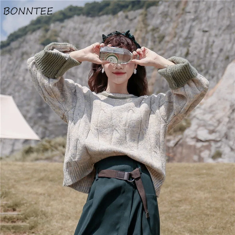 

Vintage Knitted Sweater Blusas Pullovers Women Jumpers Fashion Lazy Outerwear Streetwear Long Sleeve Patchwork Versatile Chic