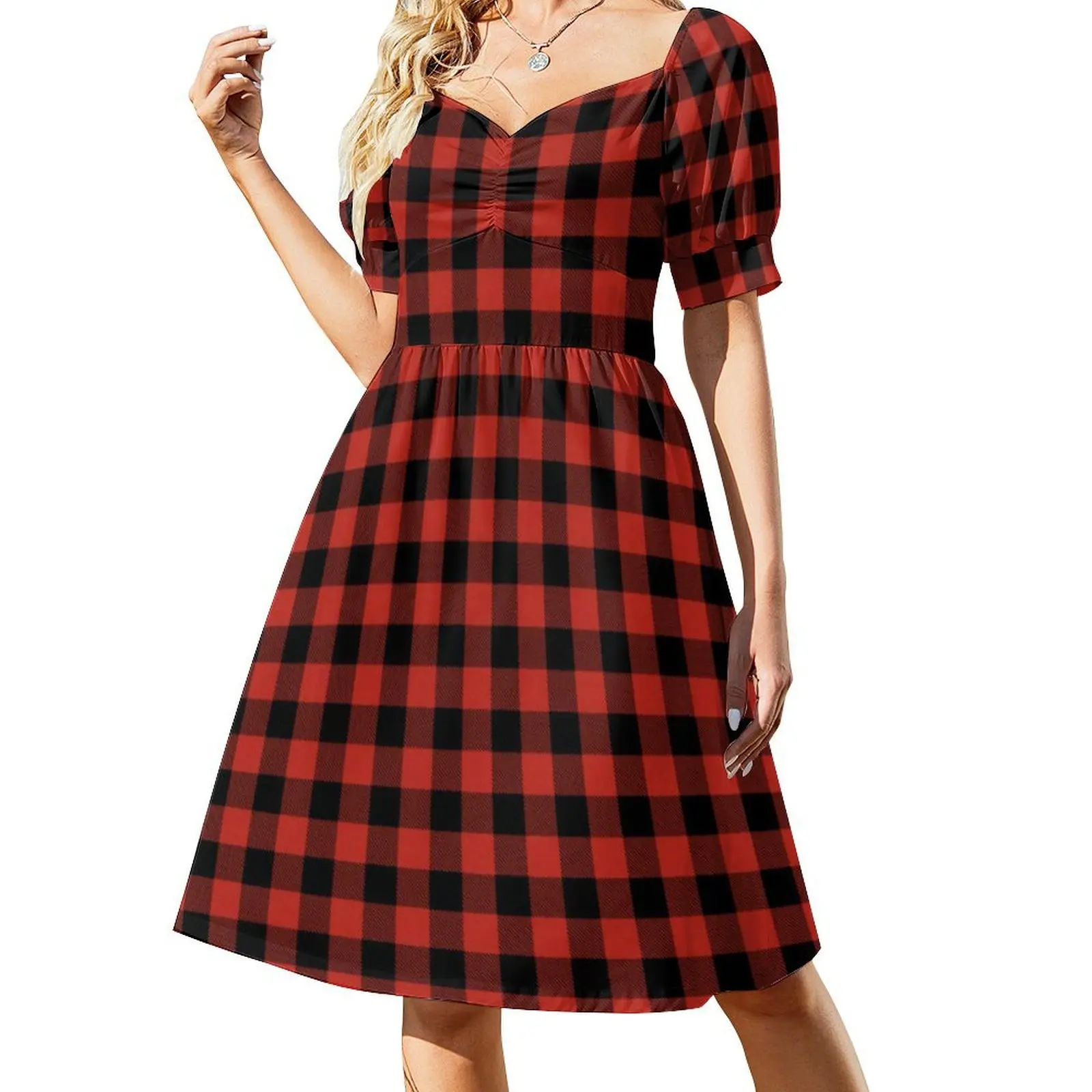 

Red And Black Plaid Casual Dress Check Print Aesthetic Dresses Retro Dress Womens V Neck Oversized Vestido