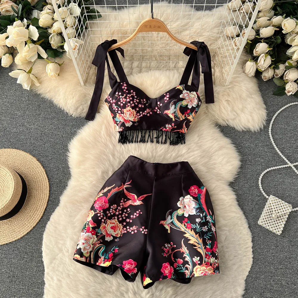 HIGH QUALITY New Summer 2023 Designer Runway Suit Set Women s Spaghetti Strap Tassel Camis Tops