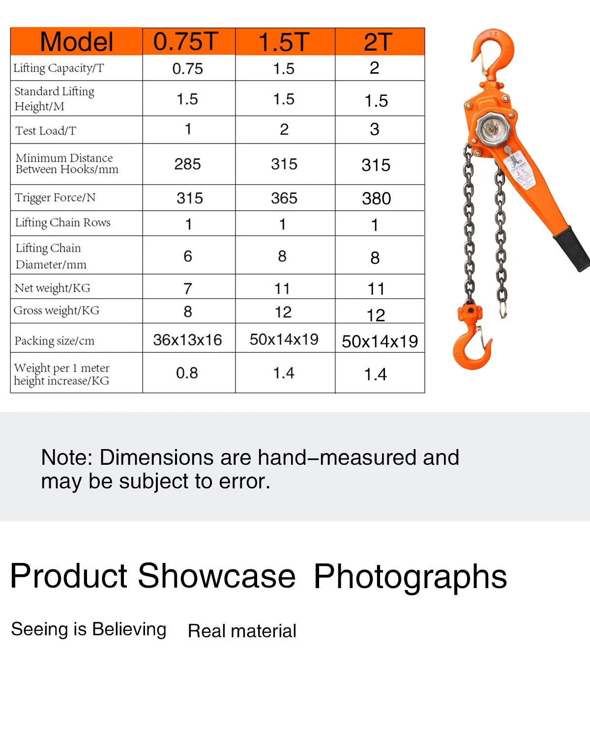 Lever Chain Hoist Manual Lever Chain Hoist Lever Block 0.75 Ton/1.5 Ton/2 Ton wi