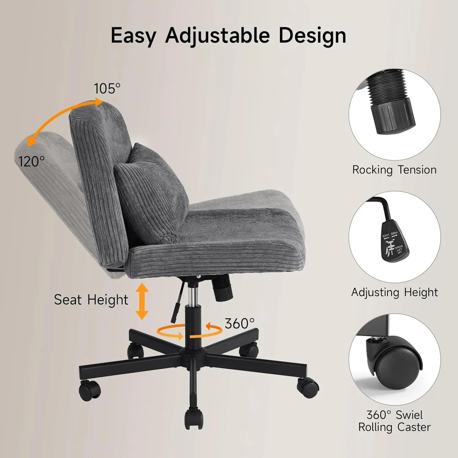 Criss Cross Chair with Wheels, Corduroy Massage Cross Legged Office Chair with 2 Layers Sponge Cushion, Armless Vanity Wide Seat