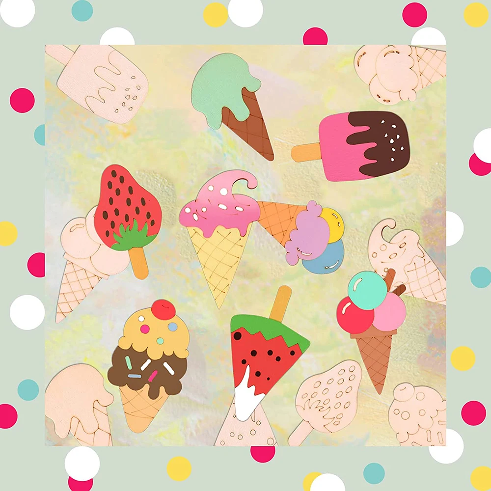 40PCS 8 Styles Unfinished Ice Cream Wooden Cutouts Blank Wooden Paint Crafts Kids Birthday Painting DIY Crafts Home Decoration