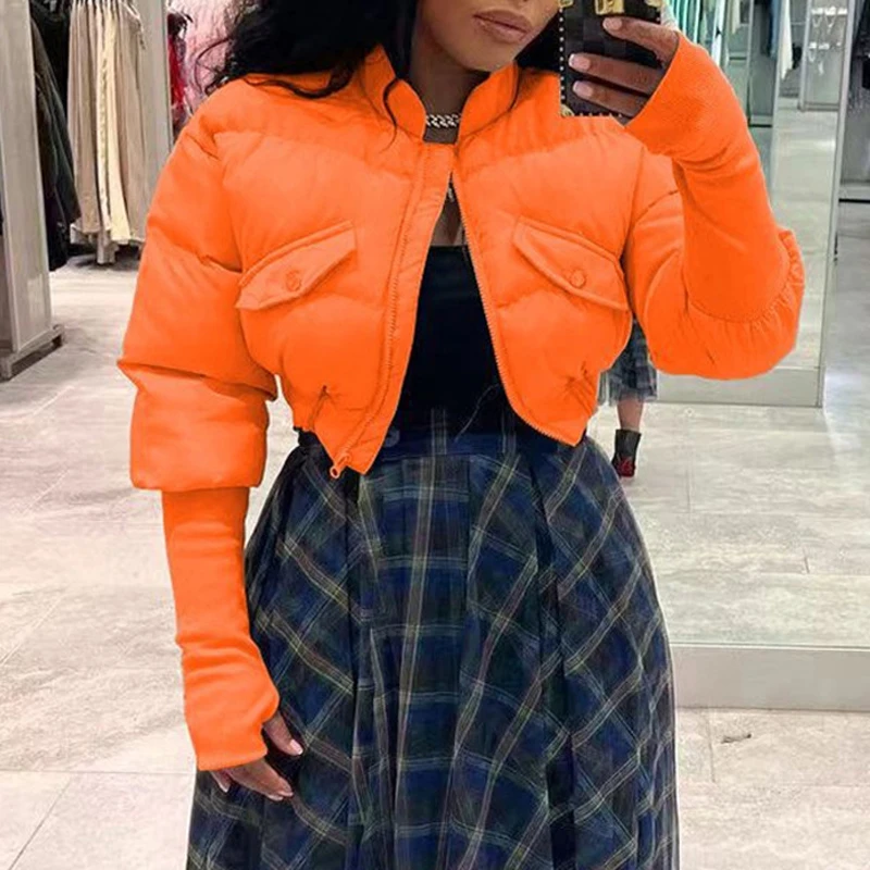 

Женская парка с высокой талией, пальто, утепленные хлопковые стеганые куртки, Женская осенне-зимняя теплая светящаяся короткая куртка, оранжевая SC079