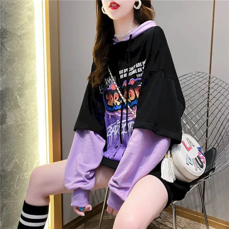 Women Hooded 2024 Autumn New Mid-length Student All-match Hoodies Korean Style of Loose Fake Two-piece Sweatshirt Trend Pullover