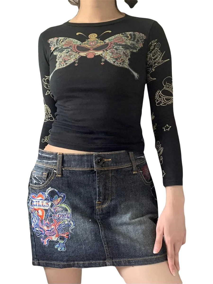 

Женские винтажные укороченные топы с длинным рукавом Y2K, облегающая женская футболка с принтом бабочки и круглым вырезом, пуловер, уличная одежда