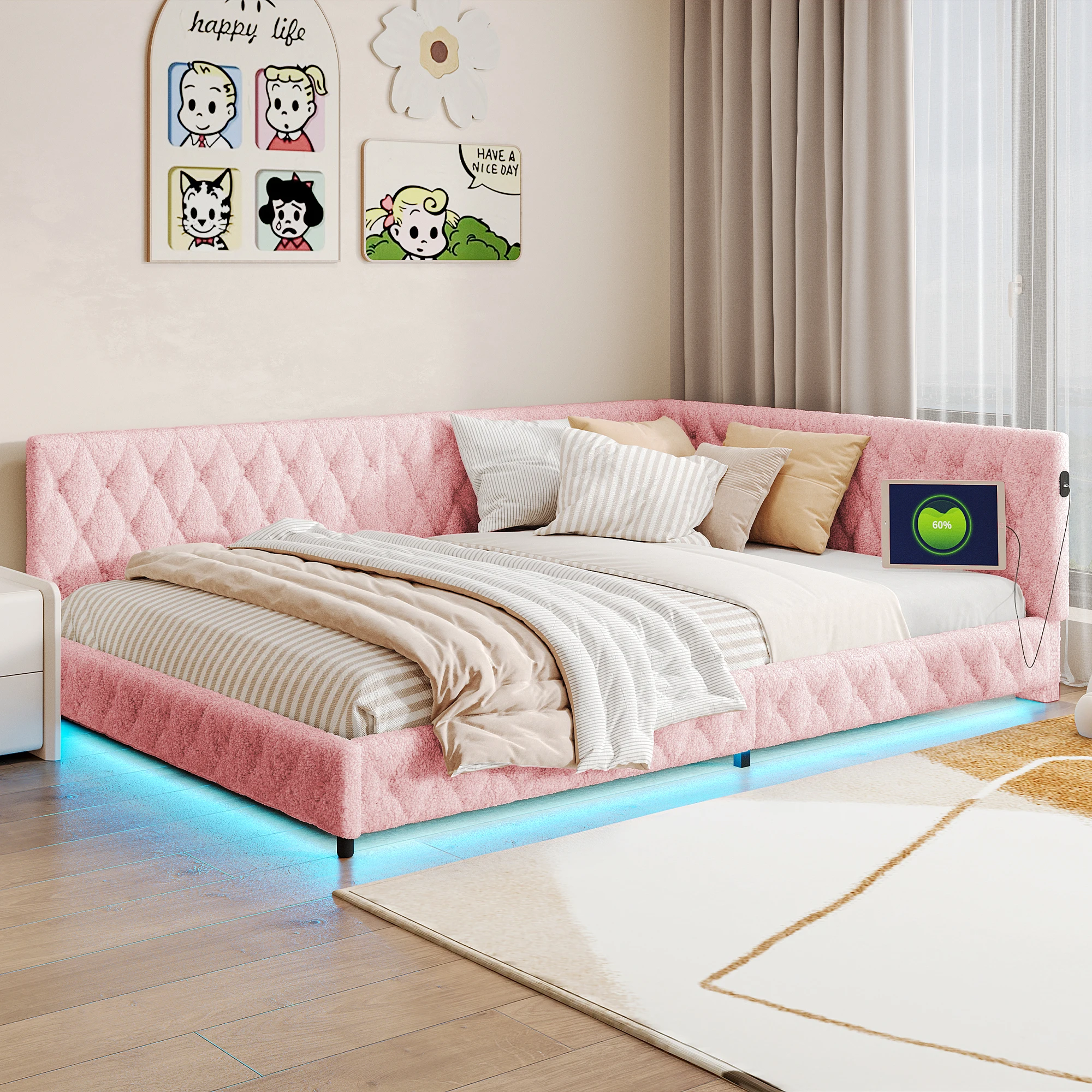 Superaly 140x200cm Polsterbett, L-förmiger Bettrahmen, Jugendbett mit LED-Beleuchtung und USB-Ladefunktion, Teddy-Samt, Rosa – Detail 3