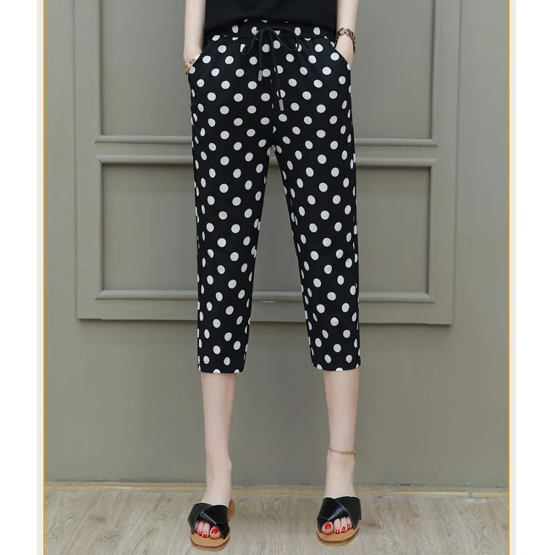 2024 Summer Dot Pattern Women New Large Size Wave Point Striped Appear Thin Cropped Pants Chiffon Elastic Waist Affordable Pants