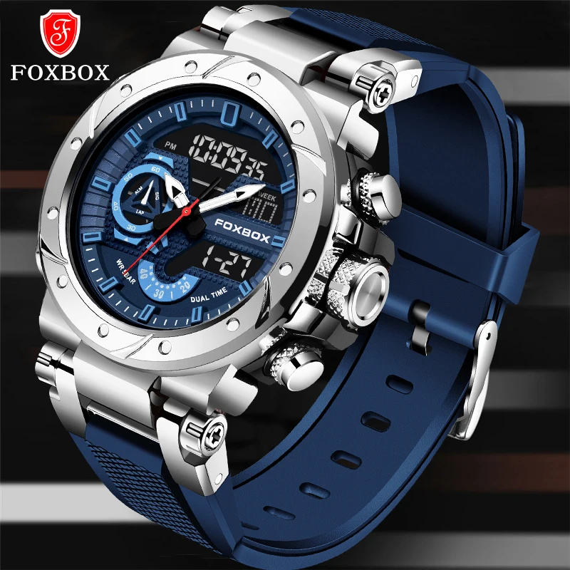 Top Brand FOXBOX Men LCD Digital Display Quartz Wristwatch Silicone Strap Waterproof Man Clock sports Fashion Male Watches 2024