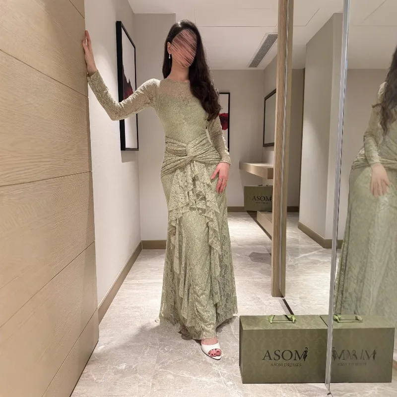 Damen Salbeigrünes Transparentes Spitzenkleid mit Langen Ärmeln, Vorderer Twist und Rüschen, Meerjungfrauen-Maxikleid für Hochzeitsgäste und Abendpartys