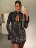 Mozision Lace Hollow Out Long Sleeve Sexy Mini Dress For Women Fashion Half High Collar Bodycon Club Party Dress Elegant Dresses 4