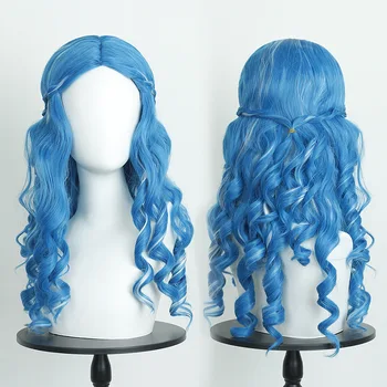 Parrucca cosplay riccia bianca blu sfumata anteriore in pizzo sintetico Parrucca lunga ondulata per costume per la festa di Halloween Regina bianca ispirata all'elsa