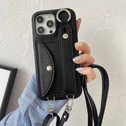 Wrist Strap Crossbody Lanyard Leather Wallet Phone Case with Card Holder for iPhone 12(12 Pro) (Black)