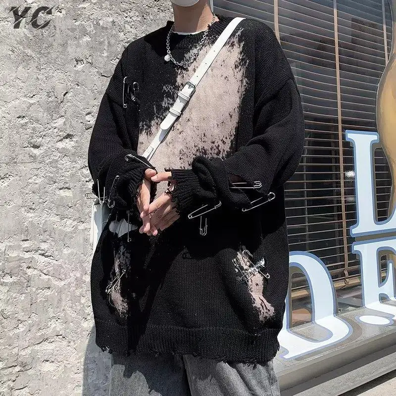 

Hip Hop Tie Dye Pins Ripped Hole Sweater Oversized Men's Sweaters Women Streetwear Pullovers Autumn Harajuku Jumpers Retro Tops