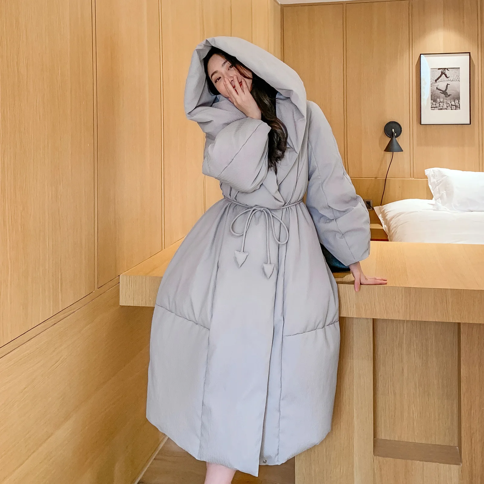 Winter Fleece-Lined Thick Style 90 White Duck down Jacket Women's Extended over-the-Knee Fashion Loose Cotton Padded Jacket