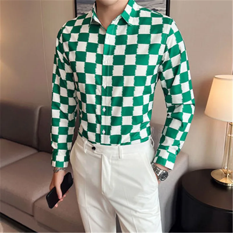 

Checkerboard Shirt Men 4XL Long Sleeve Slim Fit Business Shirts Korean Streetwear Youth Man Plaid Blouse Camisa Men Clothing