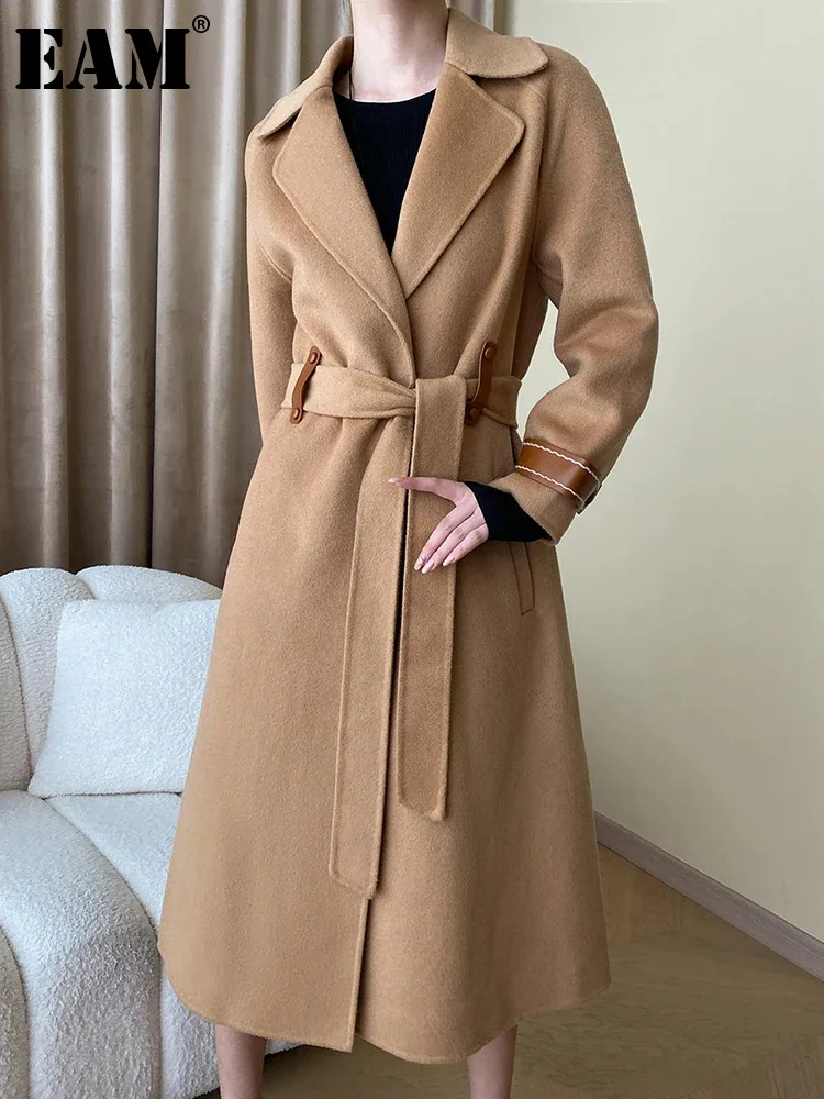 

[EAM] Loose Fit Black Belted Big Size Woolen Coat New Lapel Long Sleeve Women Jacket Fashion Tide Autumn Winter 2024 1DH0874