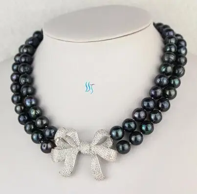 

18-19 9-10mm Dark Peacock Kasumi AA 2Row Freshwater Pearl Necklace