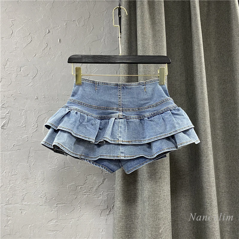 Harajuku Girl High Waist Single-Breasted Ruffles Cake Denim Skirt Woman Summer Sexy Jeans Skirts Students Kawaii Pleated Skirt 4