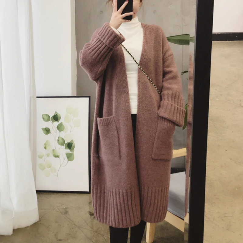 

Ladies Casual Knitted Sweater Gray Khaki Red Pink Solid Color Korean Style Long-sleeved Streetwear Long Cardigan Coat V-neck