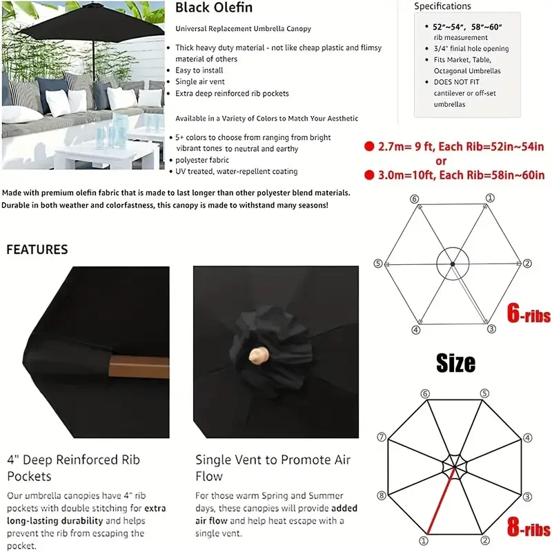 Umbrella Replacement Set ( 6/8 Ribs), Cloth Umbrella Replacement, Garden Backyard Pool Cantilever Parasol Replacement