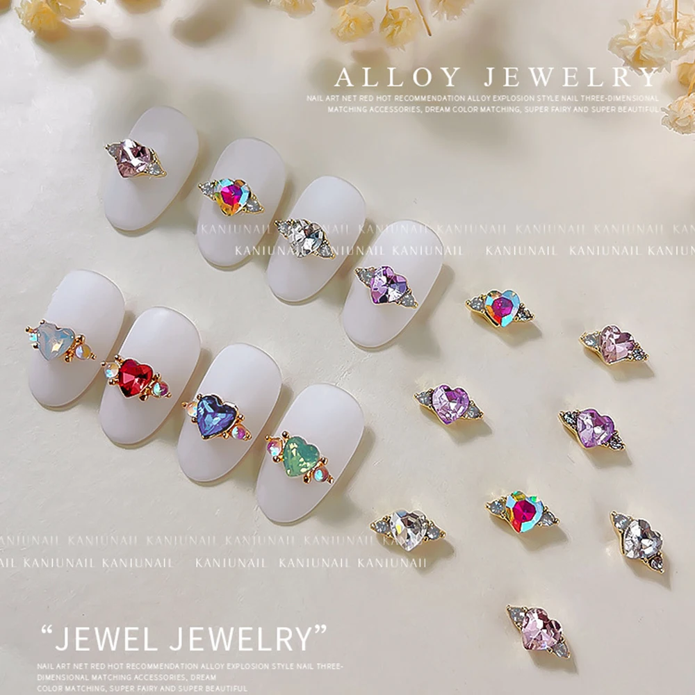 

5x11mm AB/Pink Heart Ring Crystal Rhinestones Flat-Back Metal Heart 3D Nail Charms With 2Pcs Mini Diamond Manicure Stone jS058
