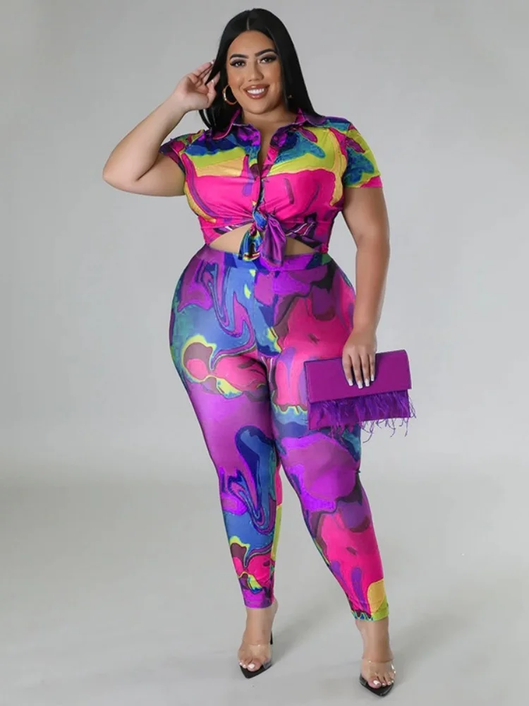 Wmstar Wmstar Plus Size Two Piece Sets Women Wholesale Print Short Sleeved and Long Pants Fashion Casual Set Summer 2025