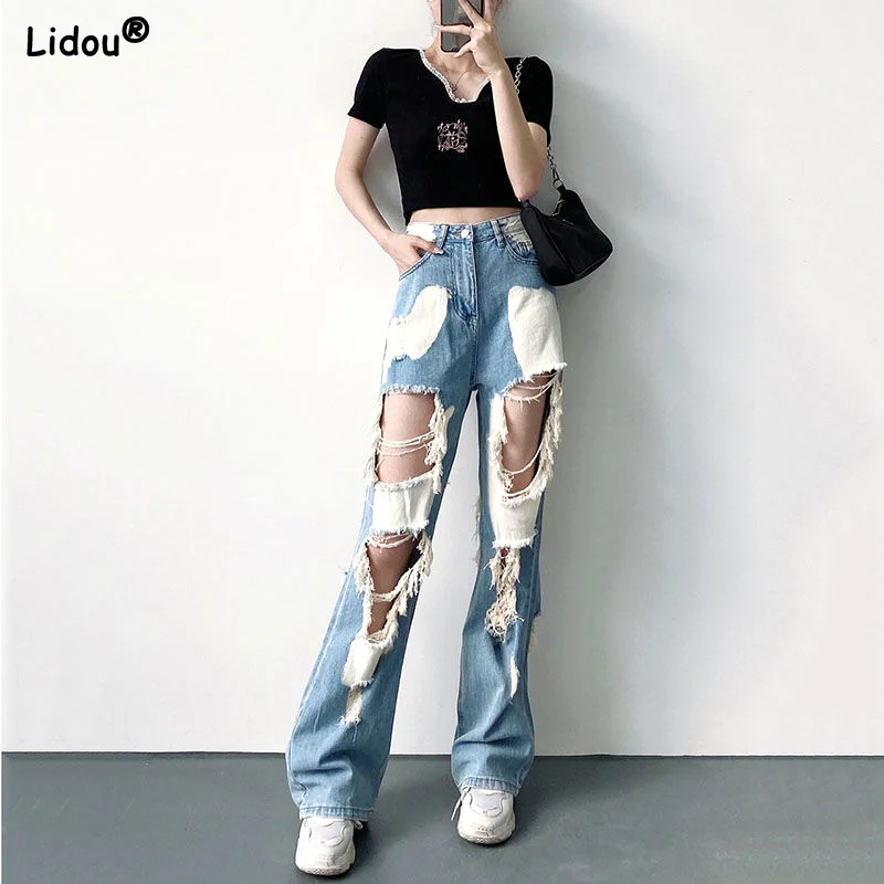 

Washed Ripped Fake Zippers HOLE Pockets Button Streetwear Solid Ankle-length Pants Summer Thin Loose Casual Women's Clothing