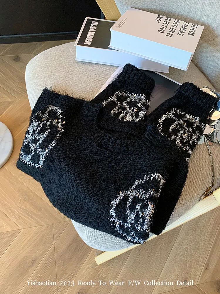 2023 Autumn Winter Black O-Neck Sweaters New Fashion Casual Knitted Top Pullovers Office Lady Oversized Jacquard Sweater Gothic