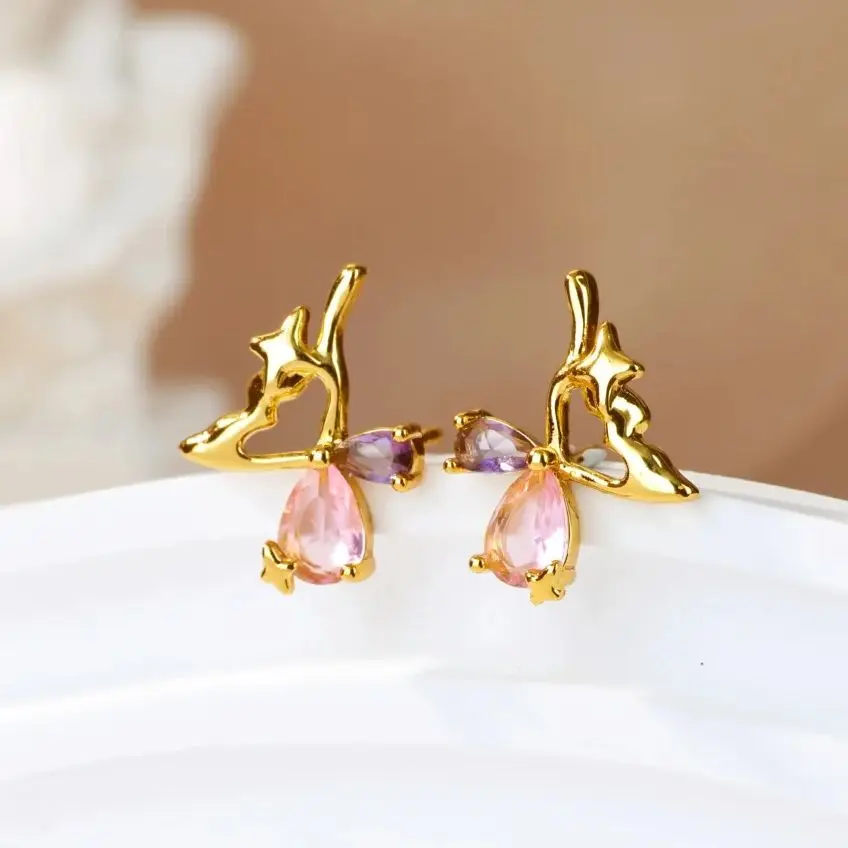 Zircon Butterfly Earring For Women Gold Color Stainless Steel