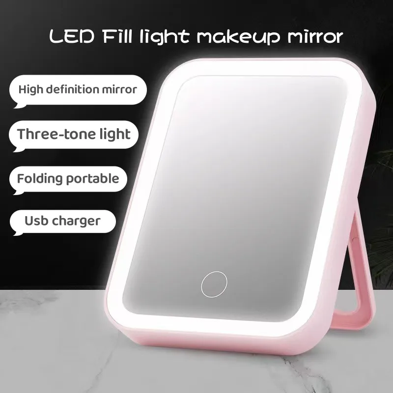 LED Touch Screen Makeup Mirror Folding Mirror Lighted Makeup Mirror 3 Colors Light Modes USB Rechargeable Cosmetic Mirror Tools