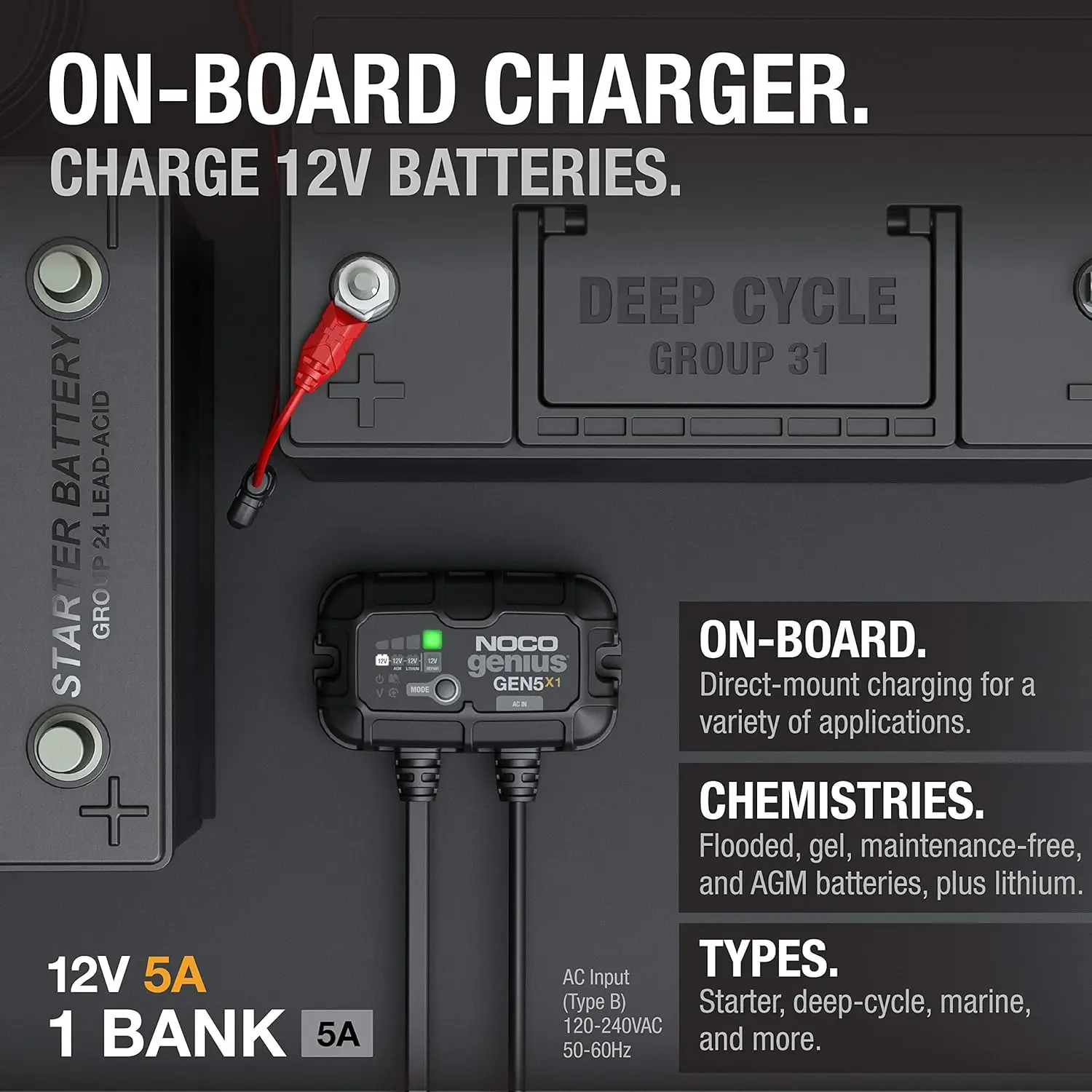 1-Bank, 5A (5A/Bank) Smart Marine Battery Charger, 12V Waterproof Onboard Boat Charger, Maintainer and Desul