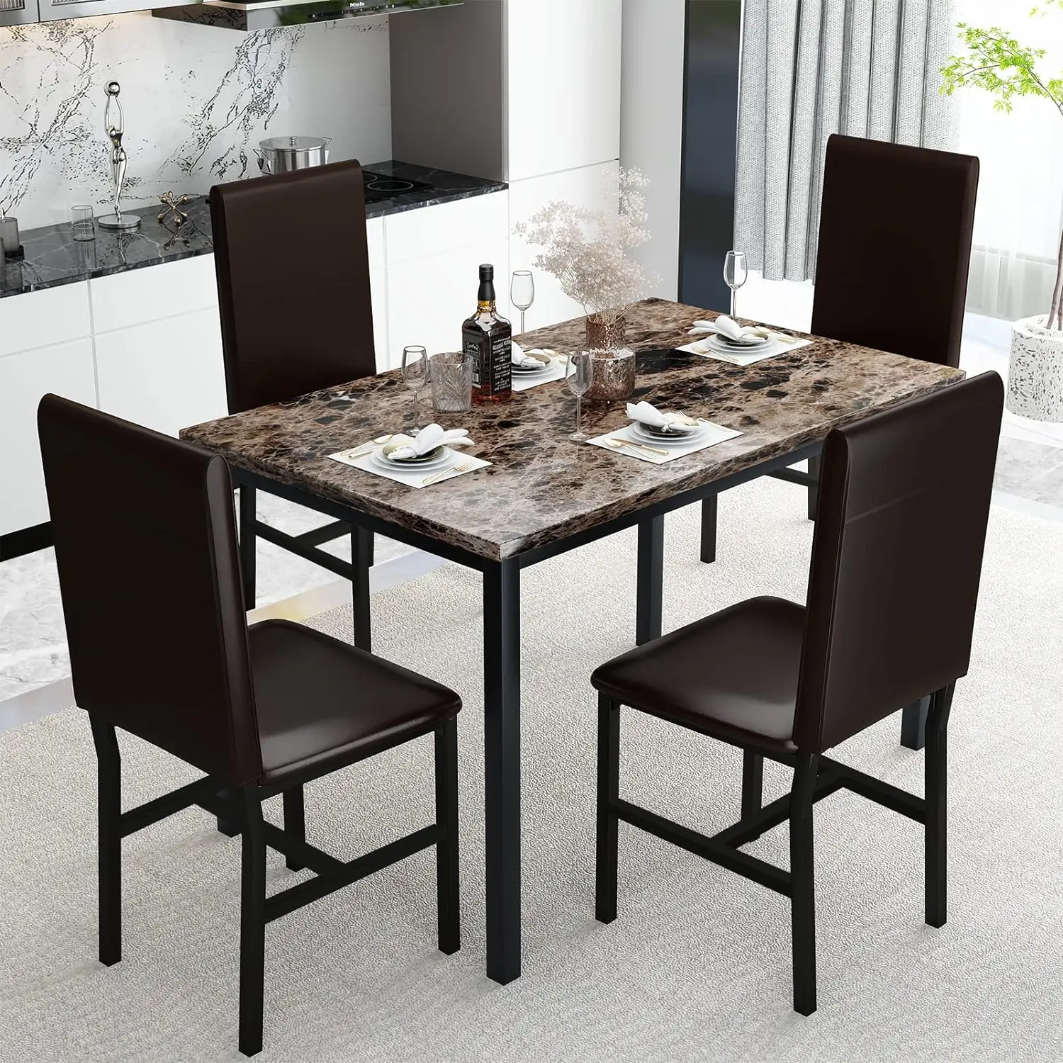 NEW5 Piece Dining Table Set for 4,Faux Marble Kitchen Table and Chairs for 4, Dining Room Table Set with Chairs, Brown 2