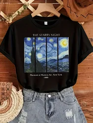 Women's Starry Night Graphic Tee - Artistic Urban Style Round Neck Top - XS (Black)