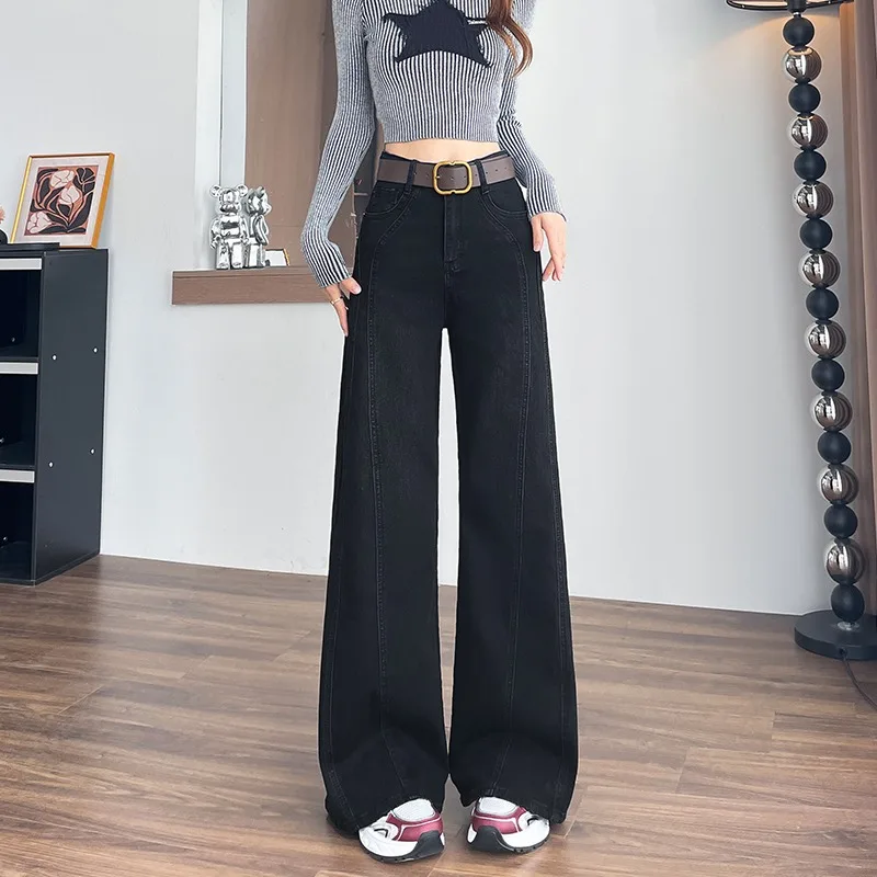 Jean décontracté pour femme Y2K, coupe large, rétro, en denim extensible, patte d'éléphant, tendance, avec ceinture, taille haute, printemps-été
