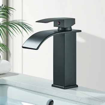 Rubinetto per lavabo nero opaco Montaggio su piano Pannello singolo Gru per bagno Cascata Rubinetto per bagno in ottone Rubinetti miscelatori acqua calda fredda 1