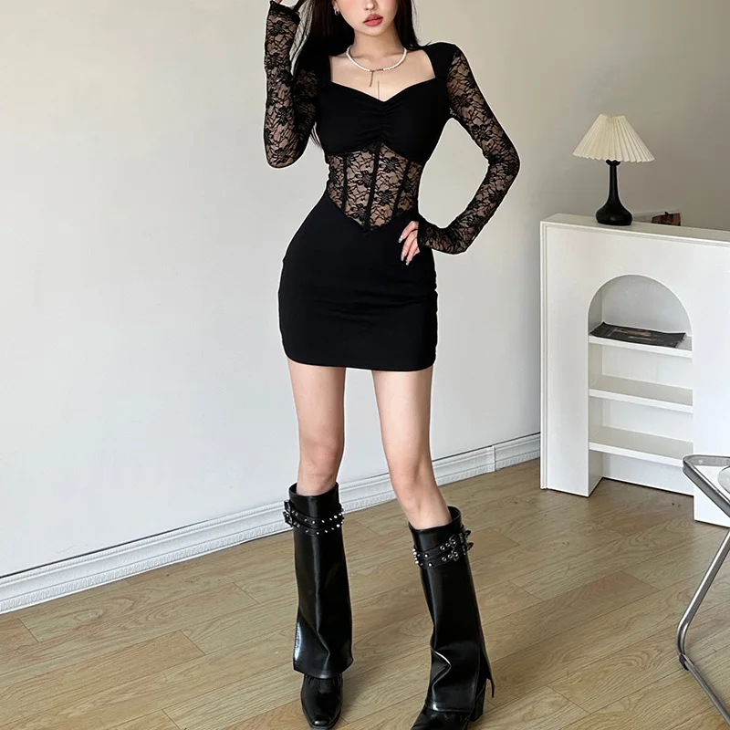 Nibber Black Mysterious Sexy Lace Stitching Mature Fishbone Beautiful Sweet Gentle Women'S Winter Long Sleeve Hip Short Dress 6