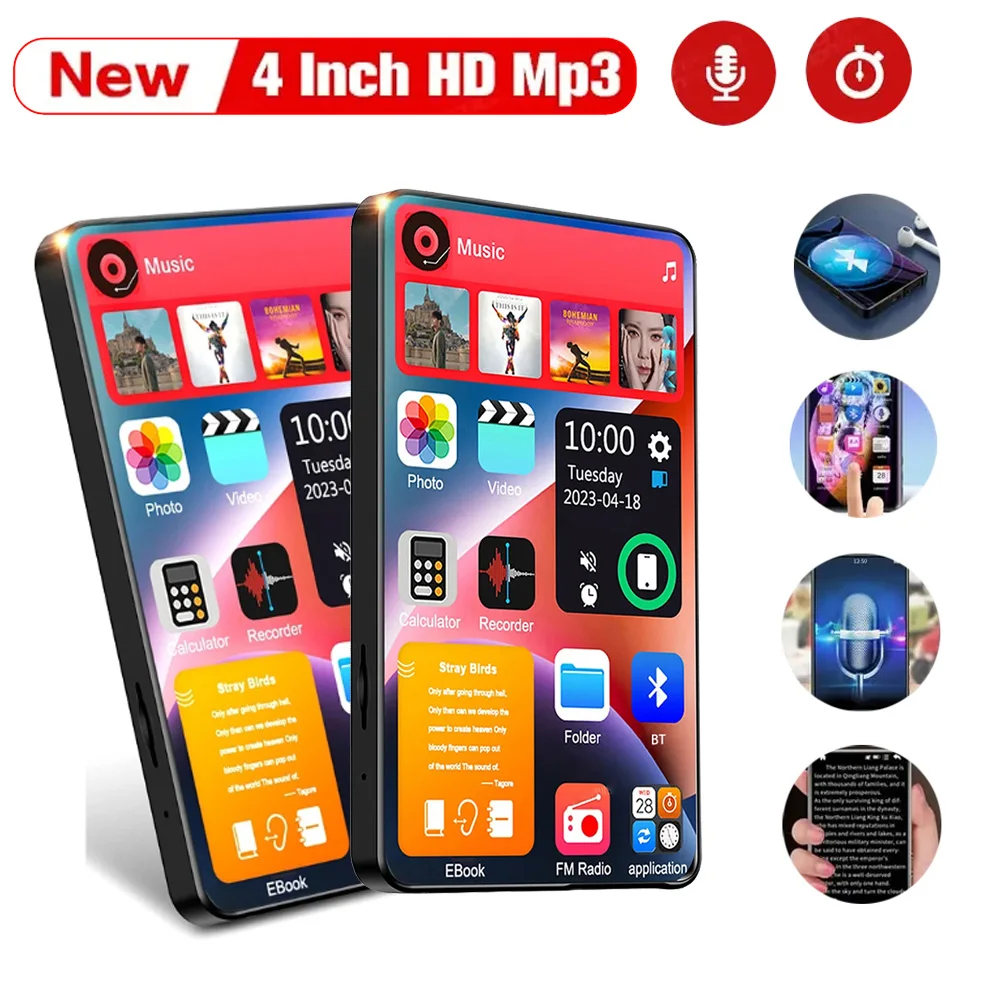 HD4 Inch WalkmanMP3 Full TouchScreen Music Player Bluetooth5.2 RAM HiFi Stereo Speaker MP3 MP4 Video Player Built-in 16GB