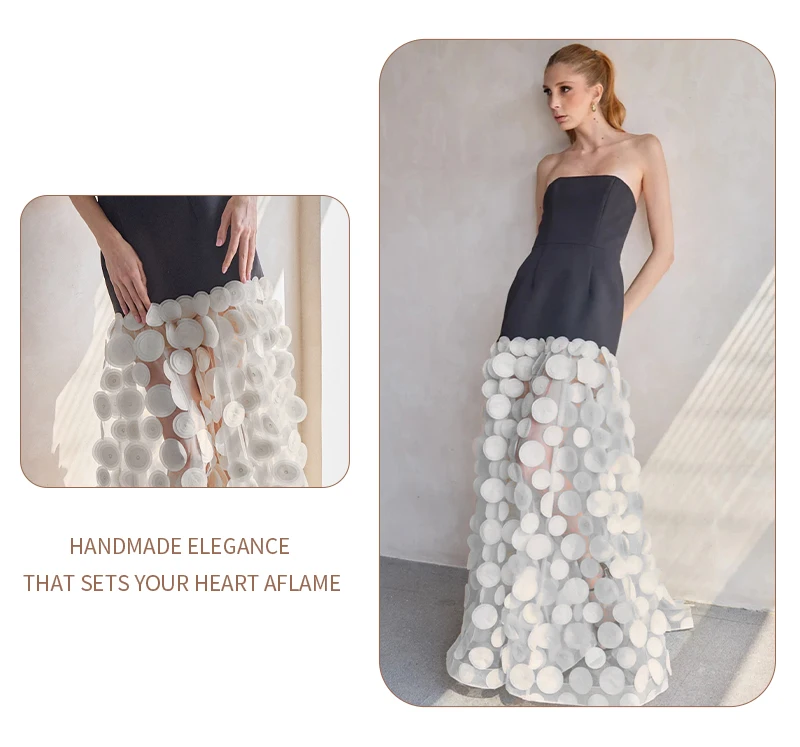 PB Damen Schulterfreies Spitzen-Verband-langes Ballkleid mit 3D-Kreisverzierungen, Netz-Patchwork, rückenfrei, Party-Abendkleid – Detail 11