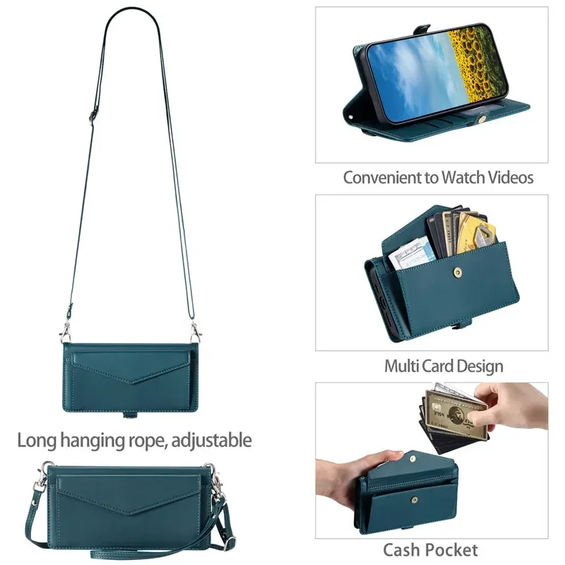 Premium Flip Leather Phone Wallet with Long Lanyard - Card Holder Case Cover