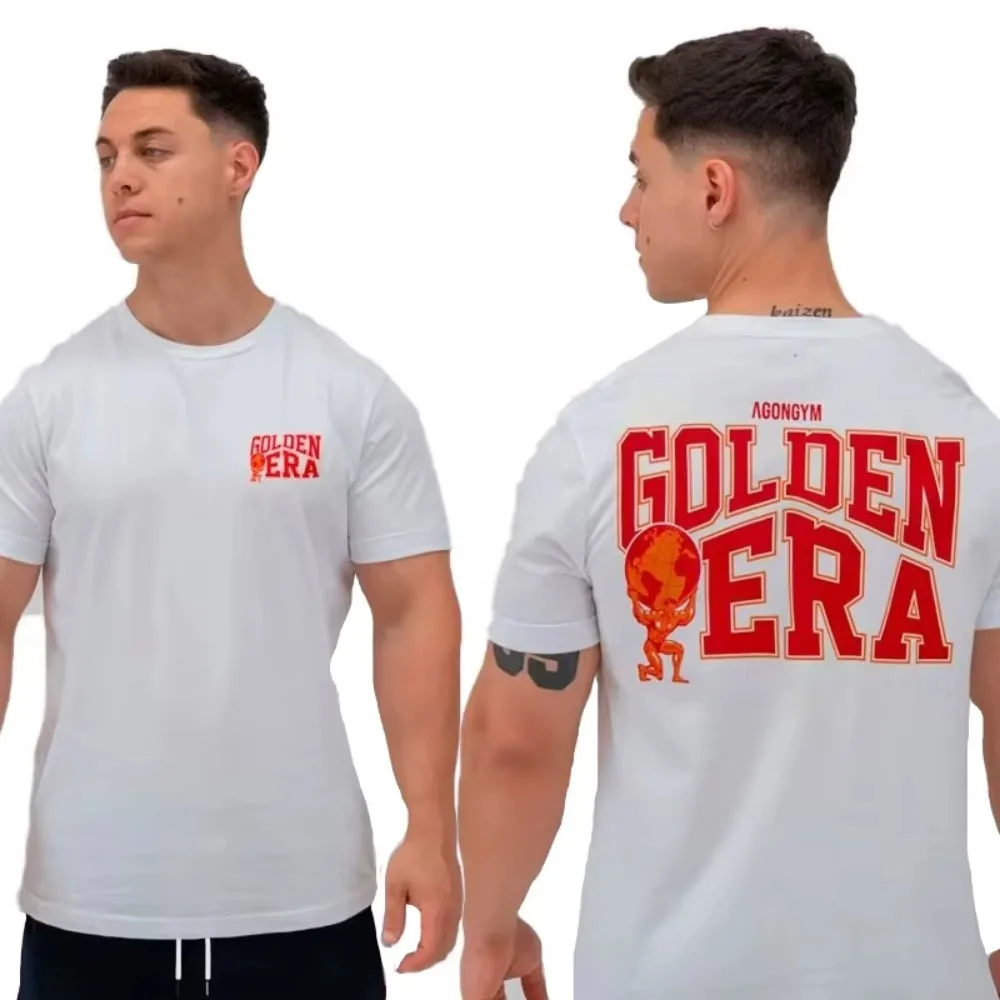 New Agongym T Shirt Men Loose Cotton Printed Bodybuilding Muscle Short Sleeve Gym Running Sports Workout Streetwear Top
