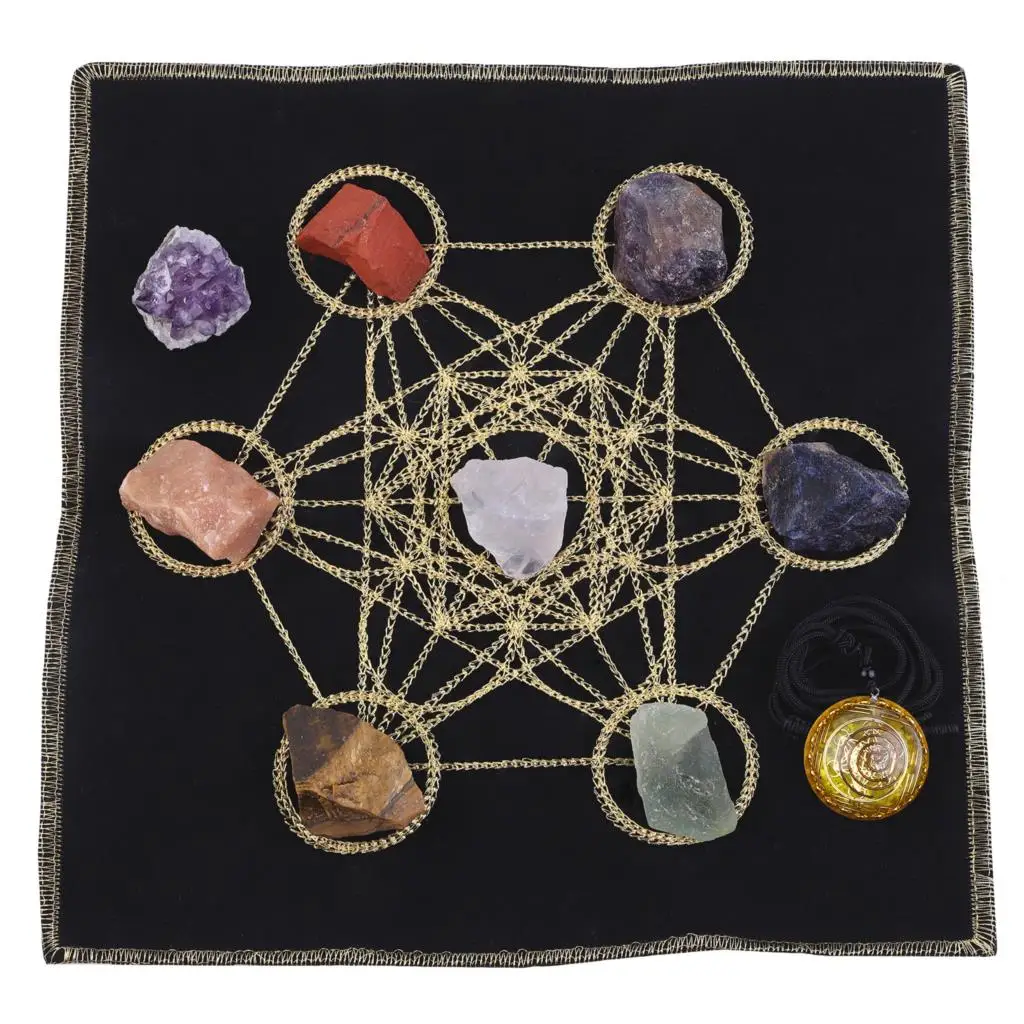 Natural Rough Crystal Stone Reiki Amethyst Cluster Archangel Metatron Sacred Geometry Mat Tarot Divination Meditation Set