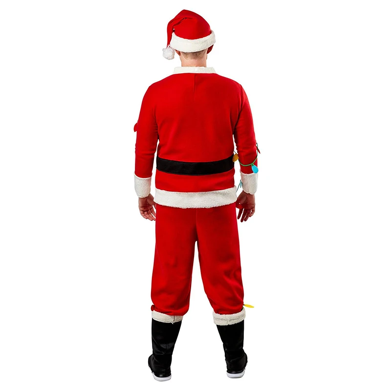 Christmas Santa Claus Costume Set 5Pcs Flannel Long Sleeve Tops Trousers Boots Hat Beard Cosplay Outfit for Men