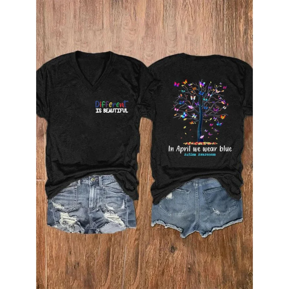 

Rheaclots Women'S Different Is Beautiful Autism Awareness In April We Wear Blue V-Neck Short Sleeve T-Shirt