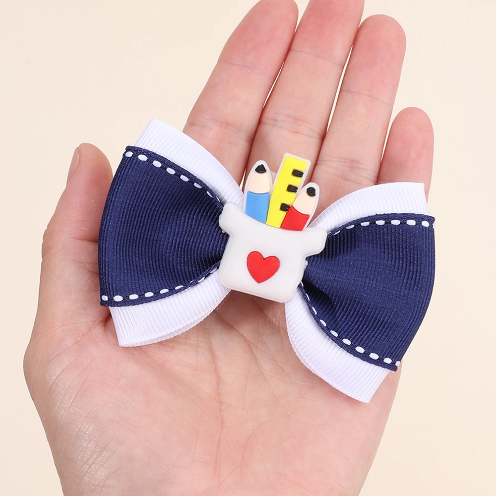 2Pcs Back To School Hair Clips Cute Sweet Pencil Apple Alphabet Bow Hairpins Ribbon Barrette For Girls Kids Headwear Accessories