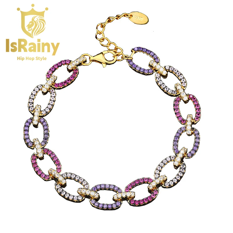 

IsRainy Hip Hop Rock 100% 925 Sterling Silver Sona Diamonds 1.3MM Zircon Rainbow Tennis Chain Bracelets Fine Jewelry Wholesale