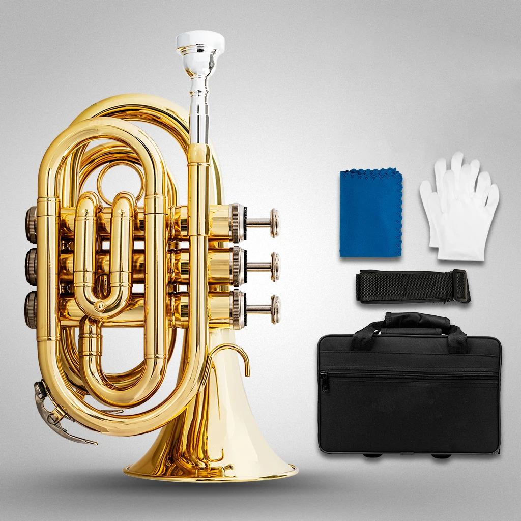 Professional Pocket Trumpet Tone Flat B Bb Brass Music Instruments Mouthpiece Gloves Cloth Brush Grease Case Woodwind Instrument