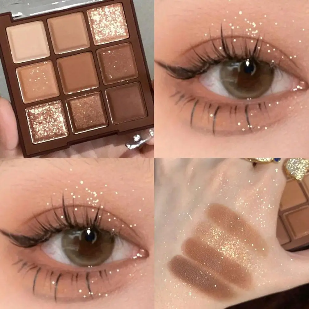 Chocolate Glitter Eyeshadow Palette Sparkling Matte Blendable High Pigment Shimmer Eyeshadow 9 Brown Palette Colors Shades N4K0