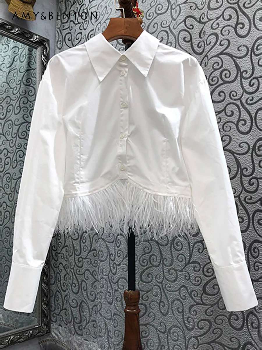 

High-End Fashion Stitching Feather Short Blouse Women Spring and Autumn French Temperament Pure Color All-Matching Slim Camisas
