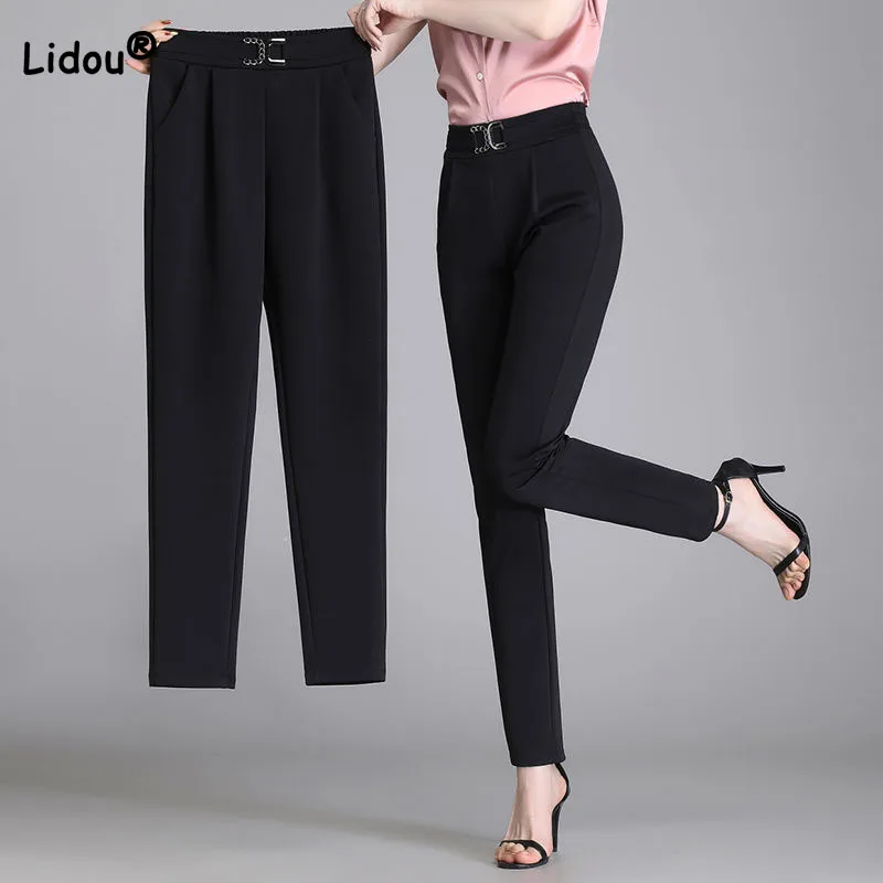 Elegant Simplicity Women's Solid Color Pencil Pants Spring Summer Casual All-match Spliced High Waist Slim Trousers for Female